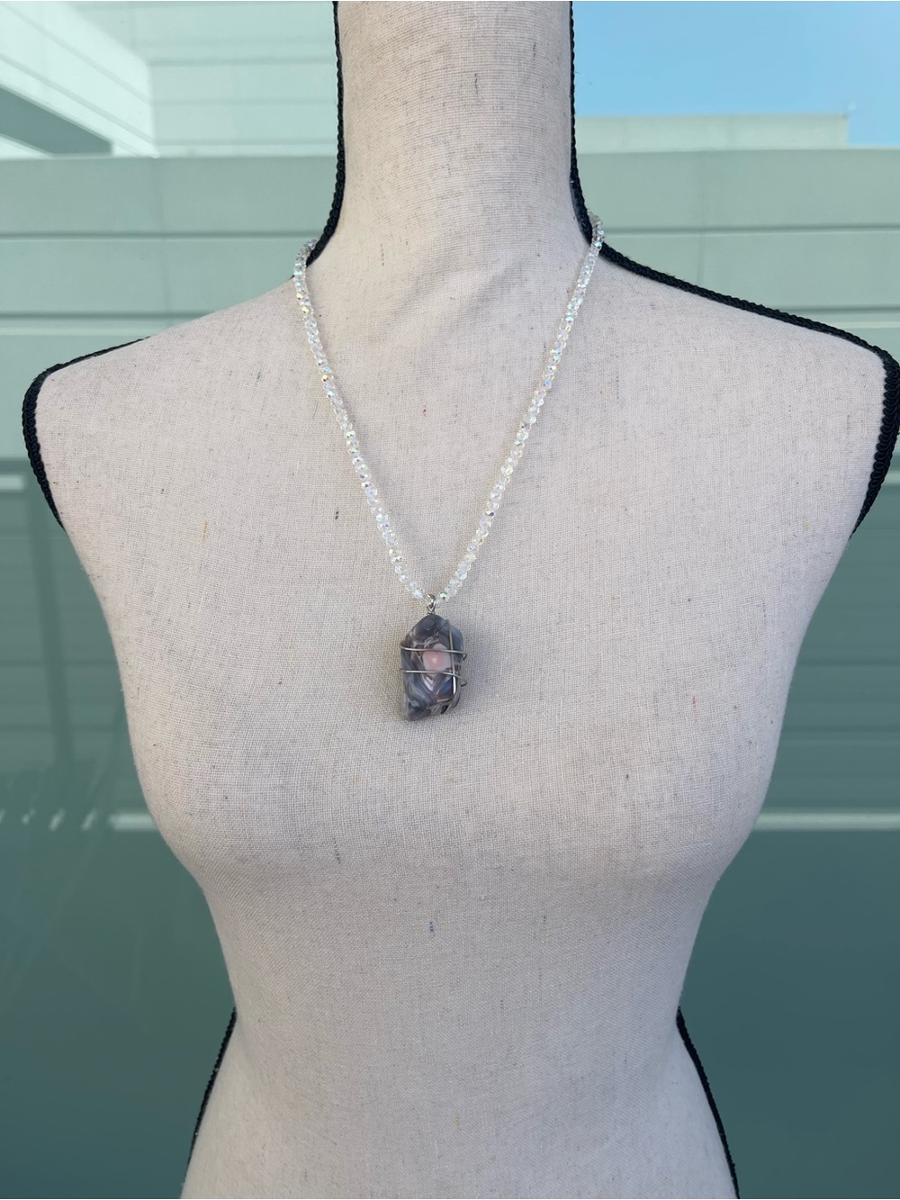 African Agate Necklace Stainless Steel Wire Wrap on White AB Glass Beads - Picture 2 of 5
